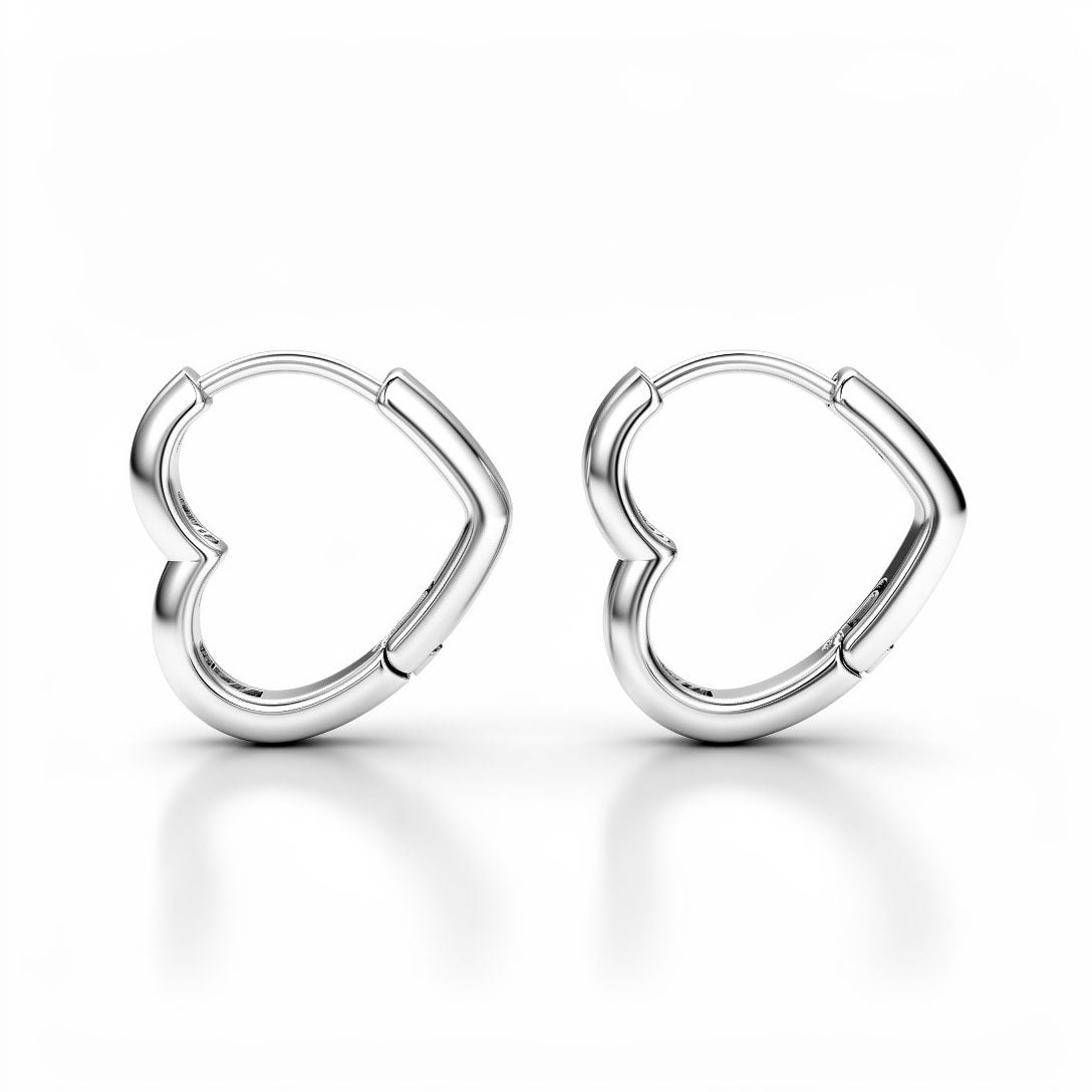 Smooth silver-tone heart hoop earrings without stones, with a hinged closure
