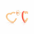 Side view of gold-plated heart outline earrings with a red enamel line