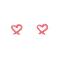 Coral-red enamel heart outline studs with crossed ends on a white background
