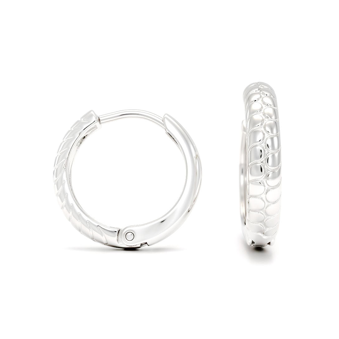 Textured hoop earrings with platinum plating in silver tone, shown from two angles