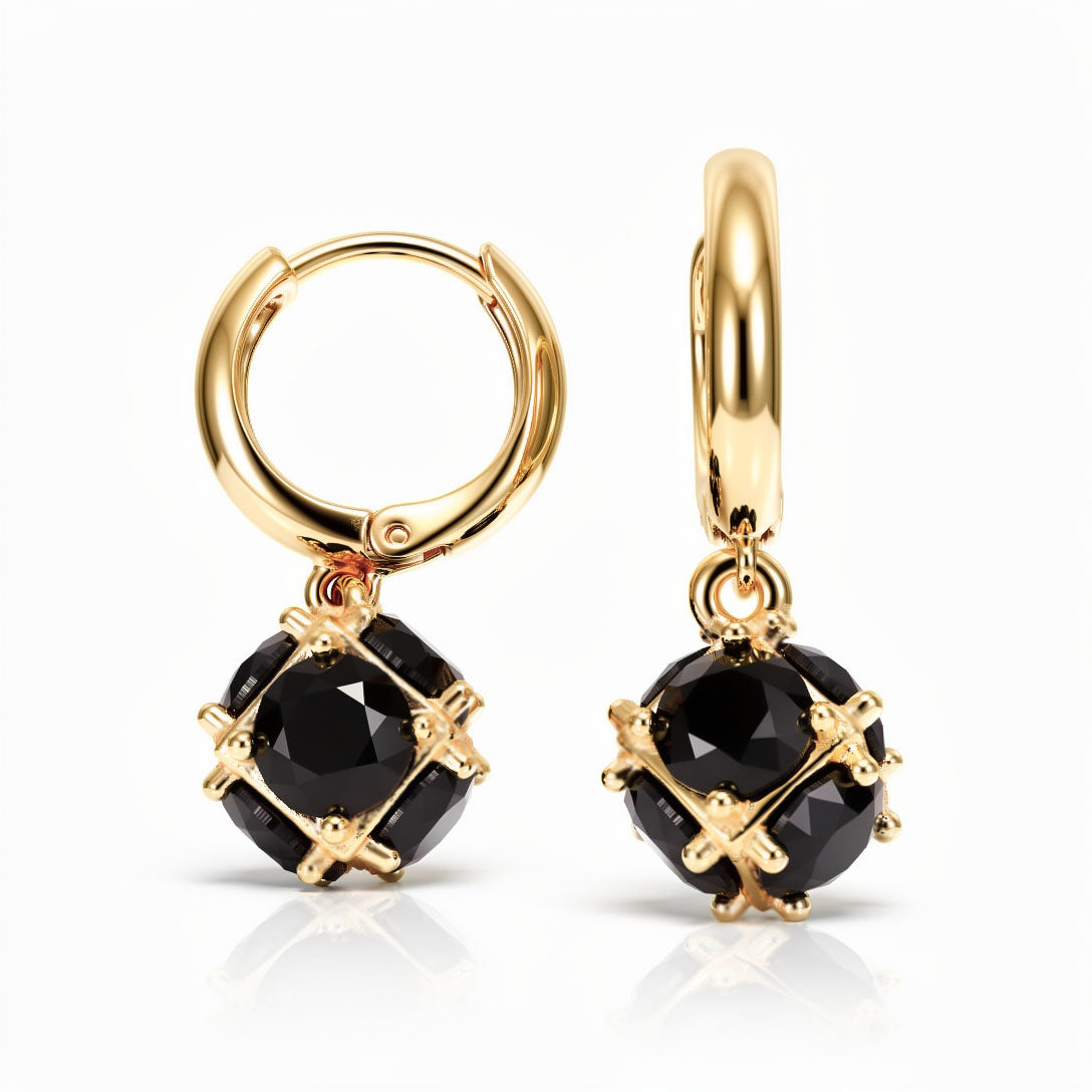 Pair of gold-plated crossover hoops with black cubic zirconia drops