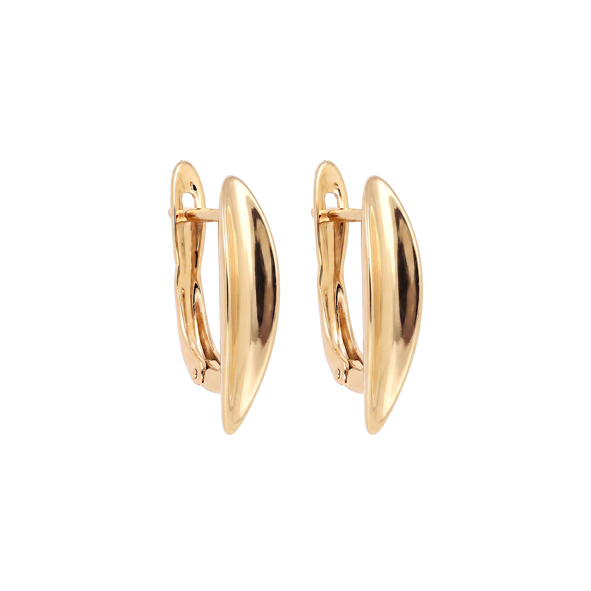 Smooth curved gold-tone earrings with a leverback clasp on a white background
