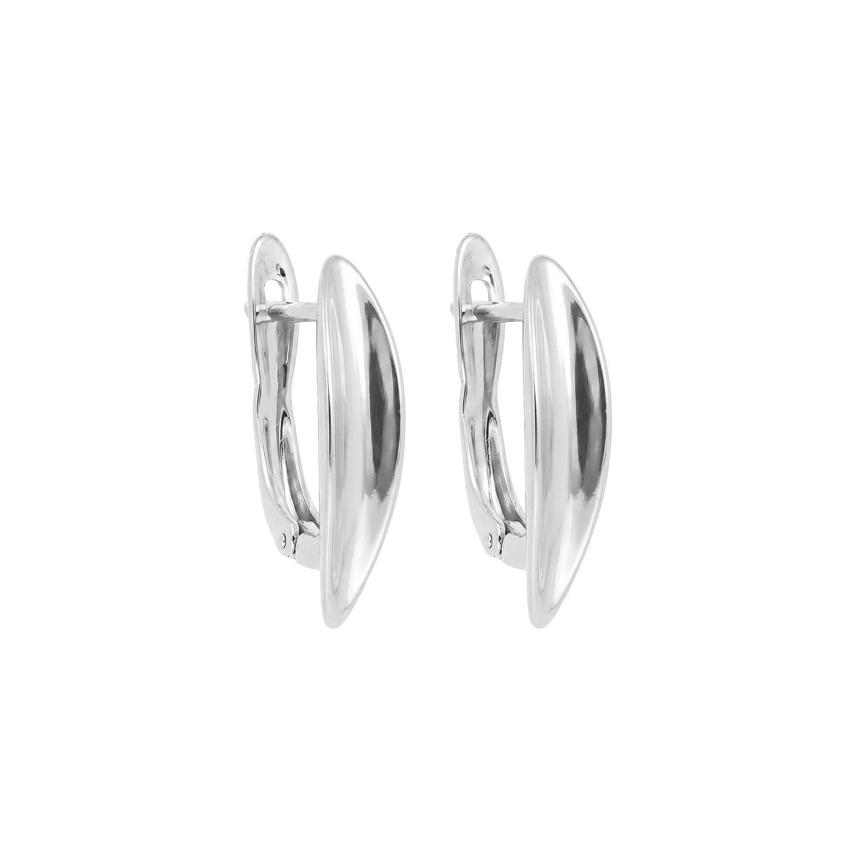 Smooth curved silver-tone earrings with a leverback clasp, white background