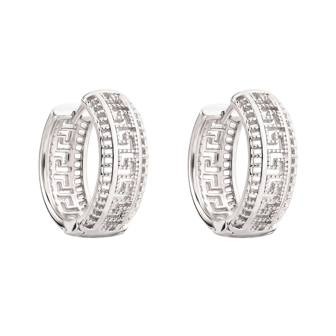 Silver | Silver-tone 18 mm hoop earrings with a Greek key pattern
