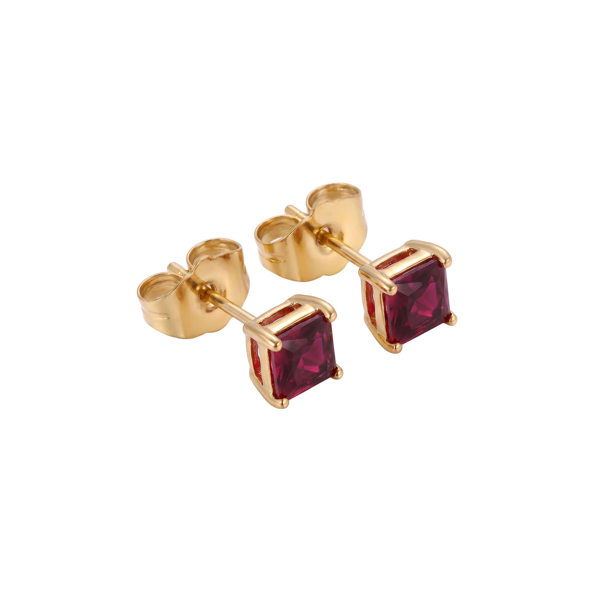 Red | Compact gold-plated stud earrings with a red stone on a white background