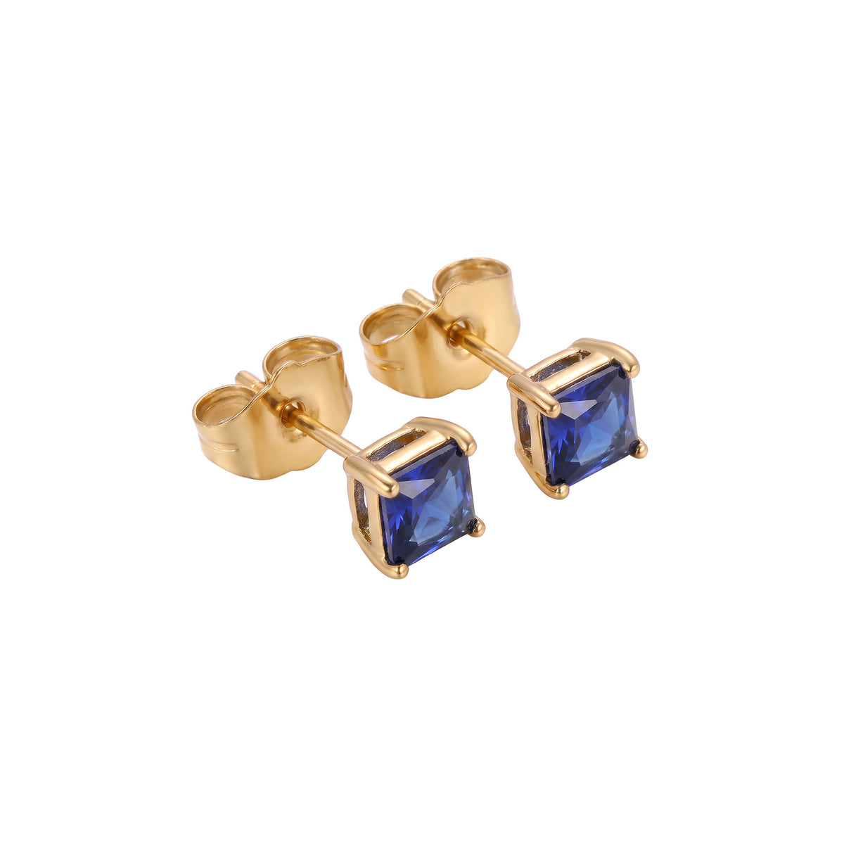 Blue | Classic gold-plated studs with a square blue cubic zirconia