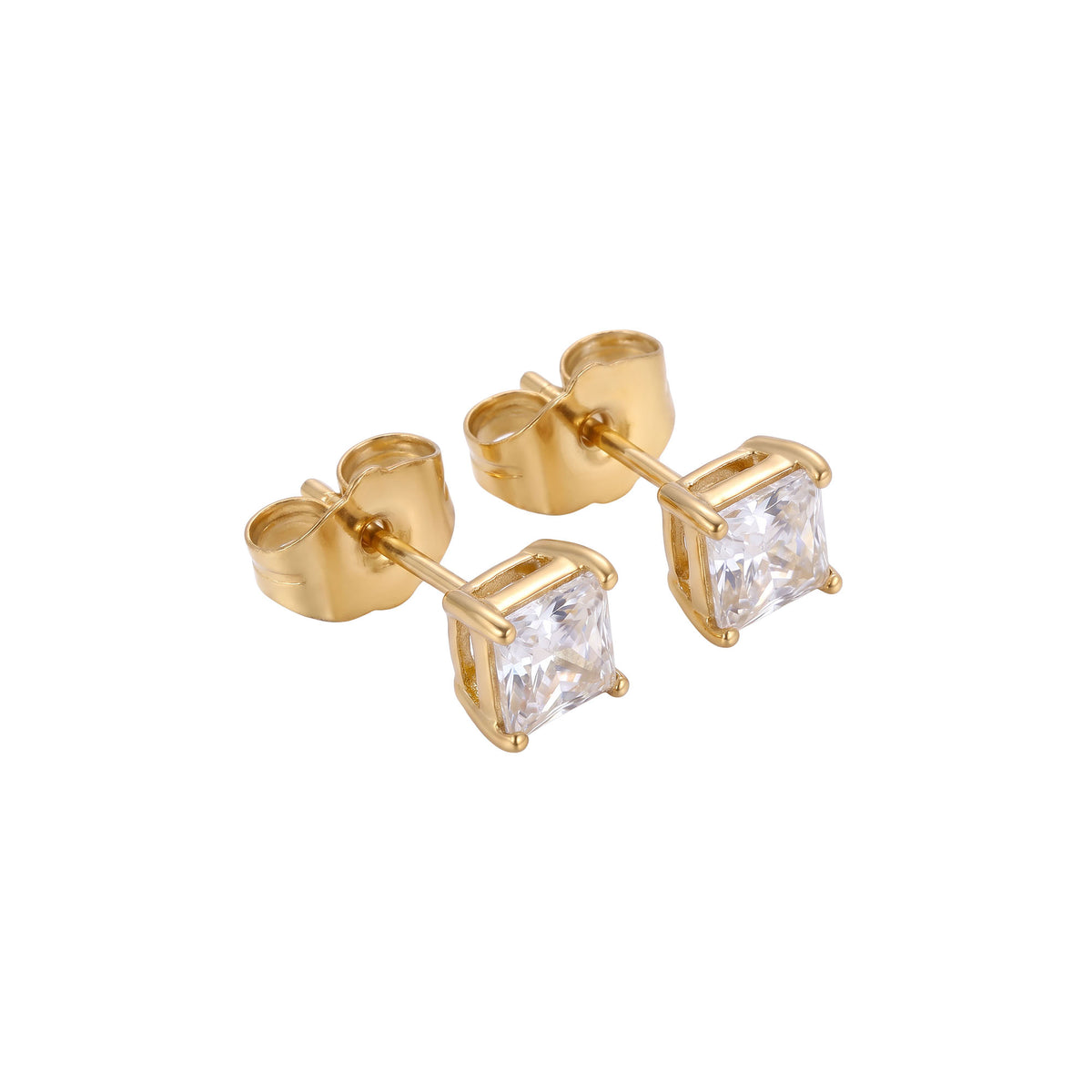 White | Gold-plated 5 mm stud earrings with a square cubic zirconia
