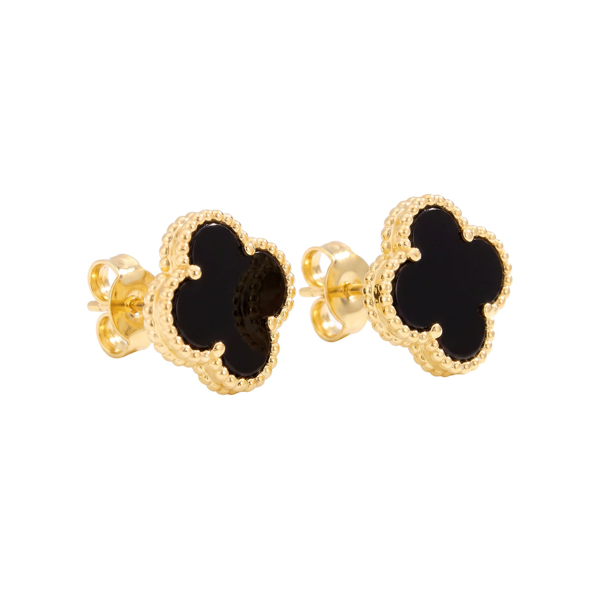 Pair of black clover stud earrings with beaded gold-tone frames