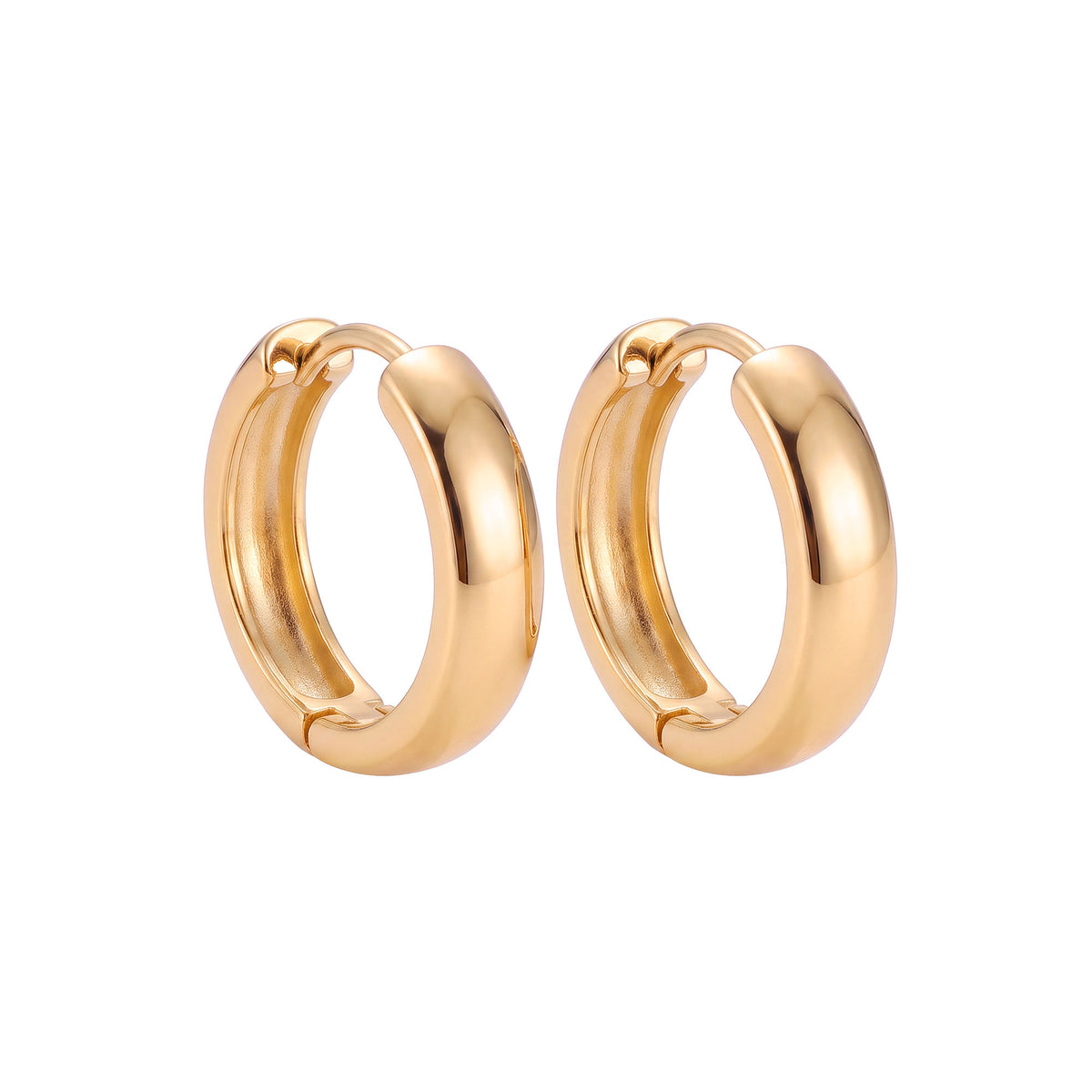 Pair of wide, smooth hinged hoop earrings with a glossy finish