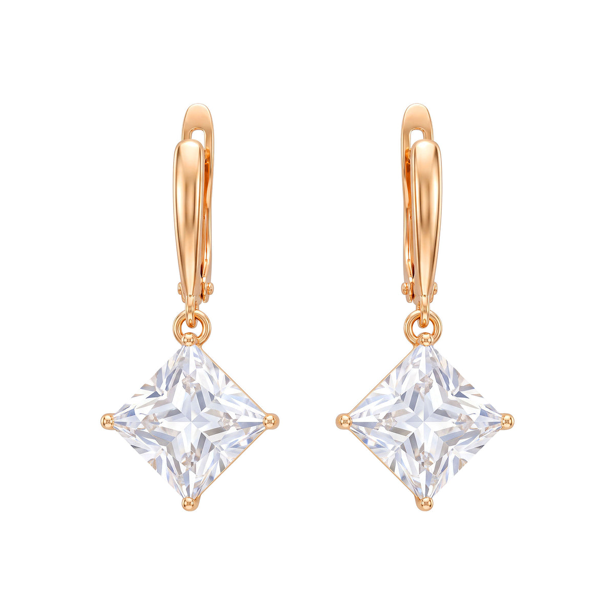 Gold-tone leverback drop earrings with rhombus cubic zirconia on white