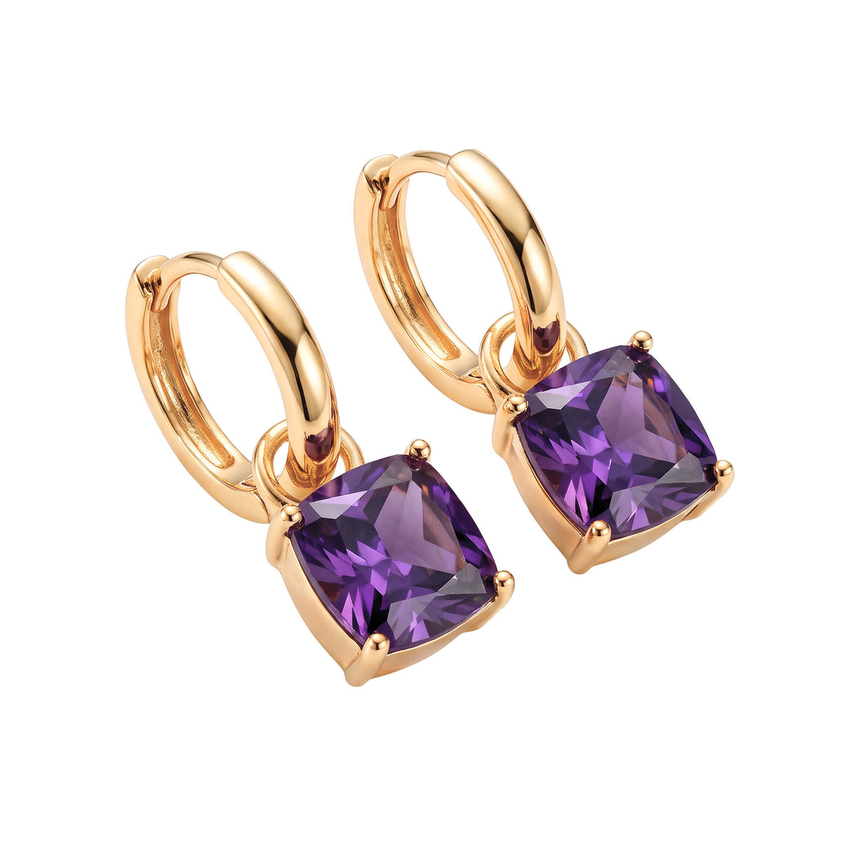Gold | Gold-tone hoop earrings with square violet crystal drops on a white background