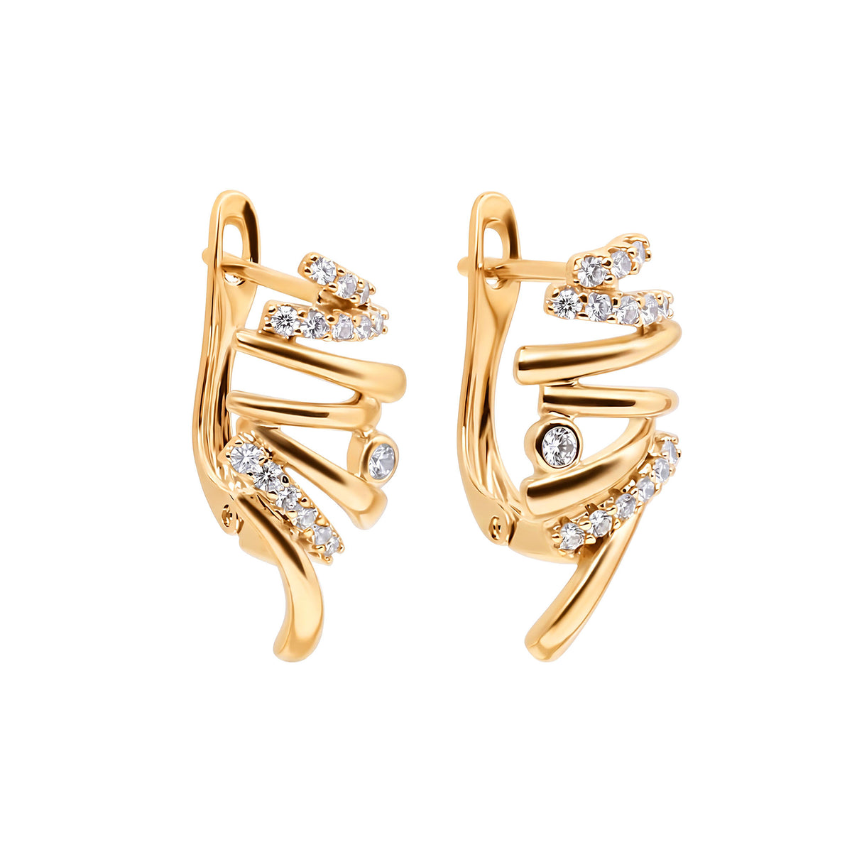 Gold | Gold-tone spiral earrings with white cubic zirconia, front view