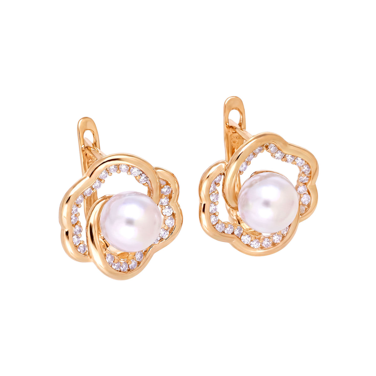 Gold | Gold-tone flower earrings with pearl and cubic zirconia, angled view