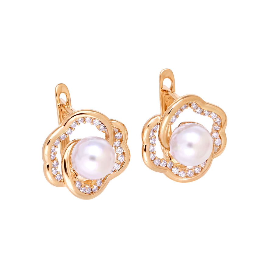 Flower earrings with pearl and zirconia