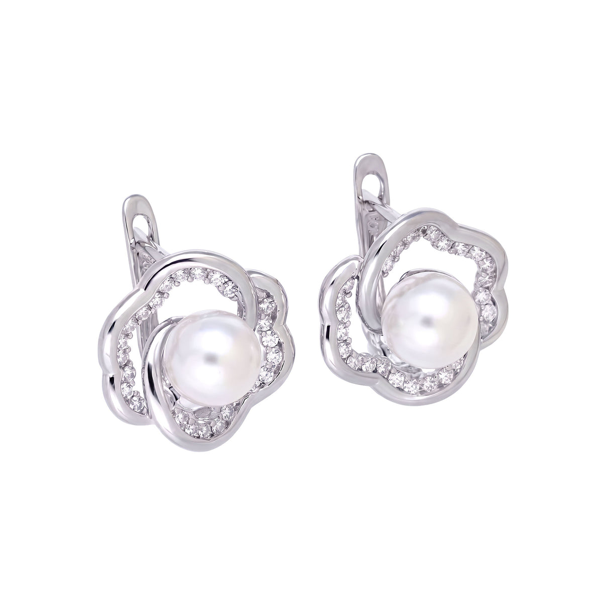 Silver | Silver-tone flower earrings with pearl and cubic zirconia, angled view