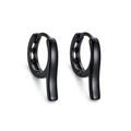 Pair of black hoop earrings with a long bar, close-up