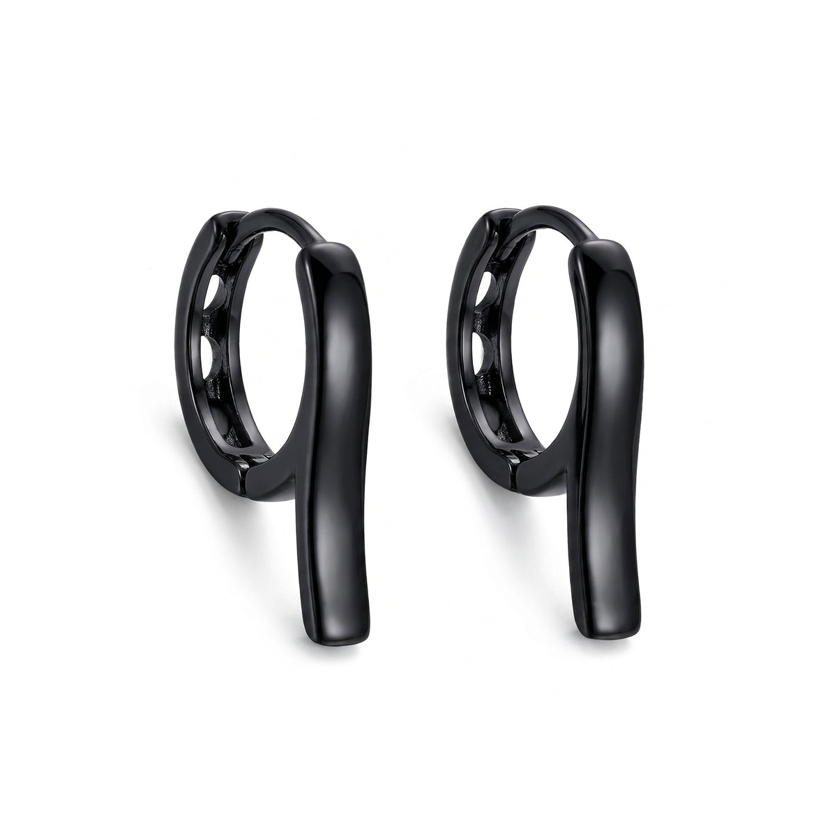 Pair of black hoop earrings with a long bar, close-up