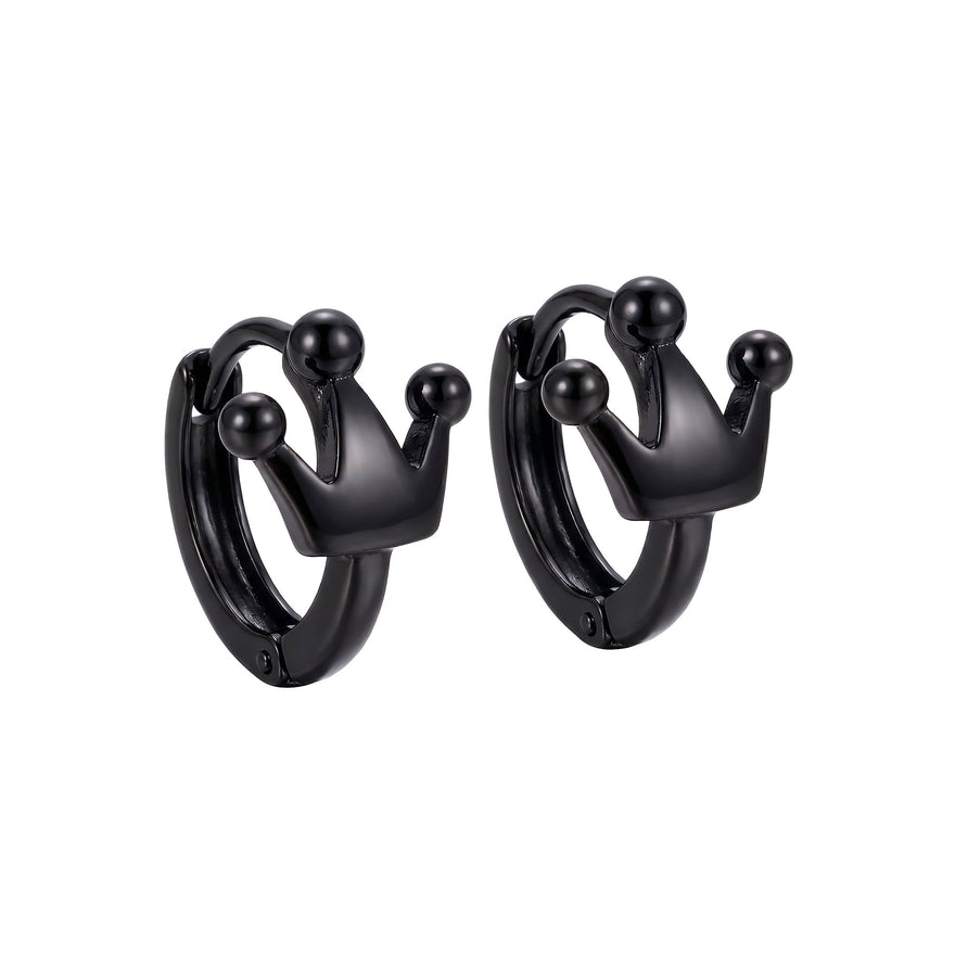 Black enamel crown hoop earrings