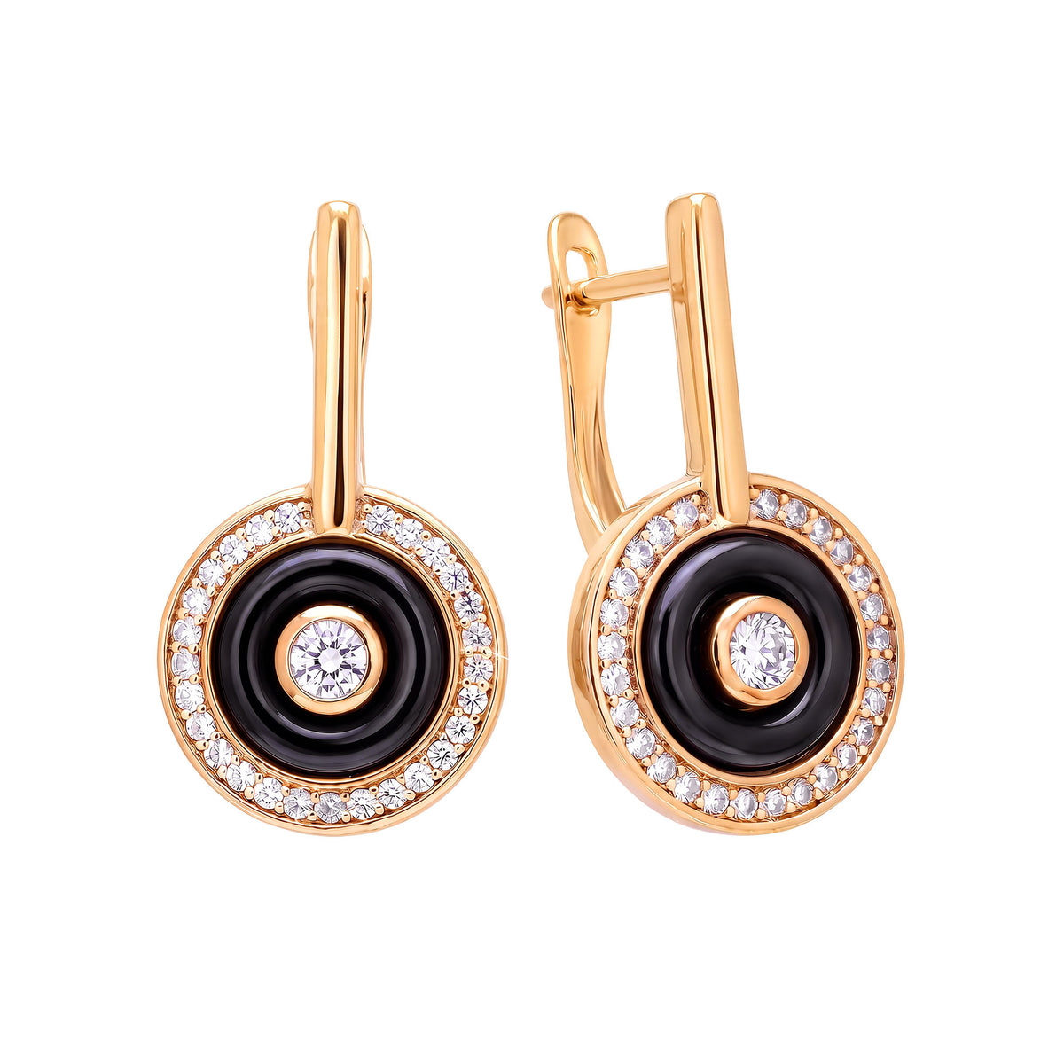Round earrings with black ceramic and cubic zirconia, gold-tone