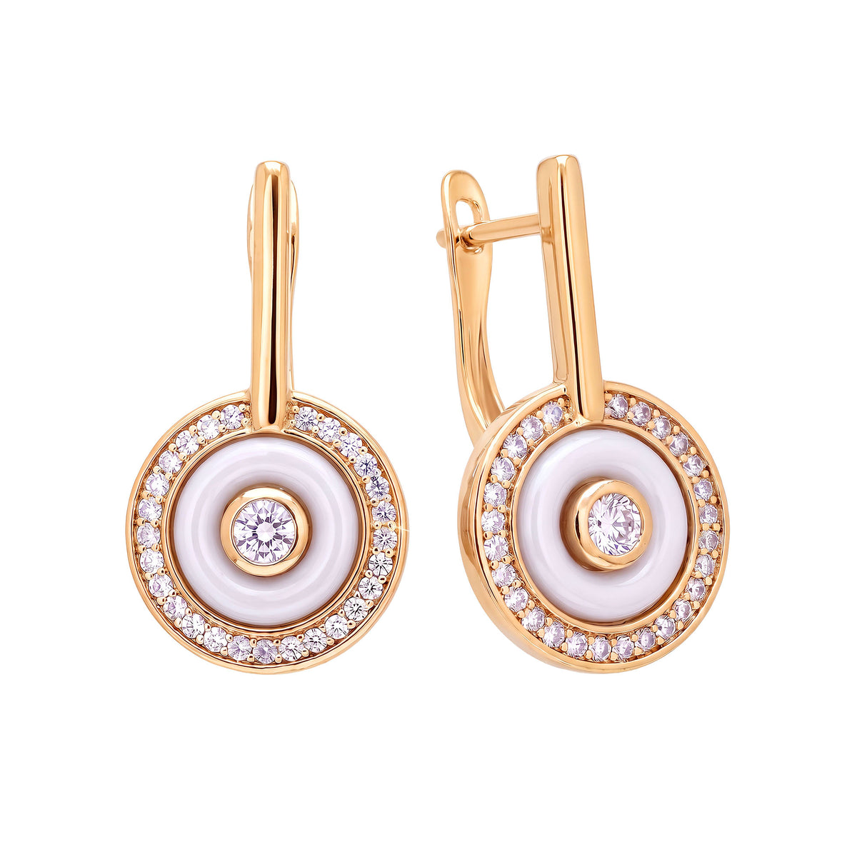 Round earrings with white ceramic and cubic zirconia, gold-tone