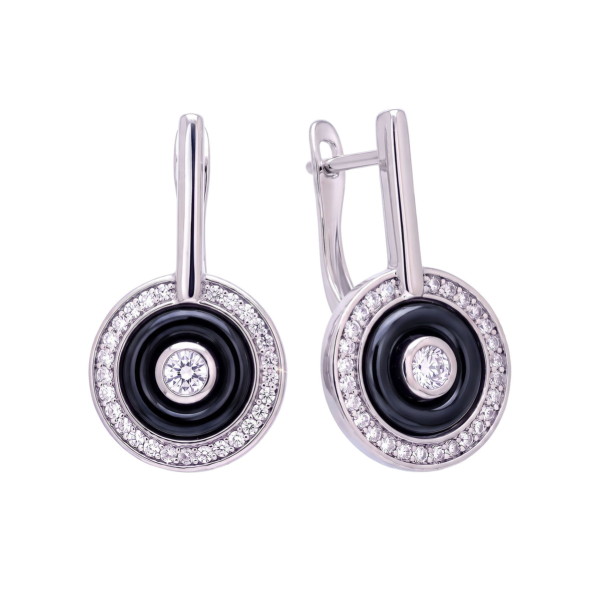 Round earrings with black ceramic and cubic zirconia, silver-tone