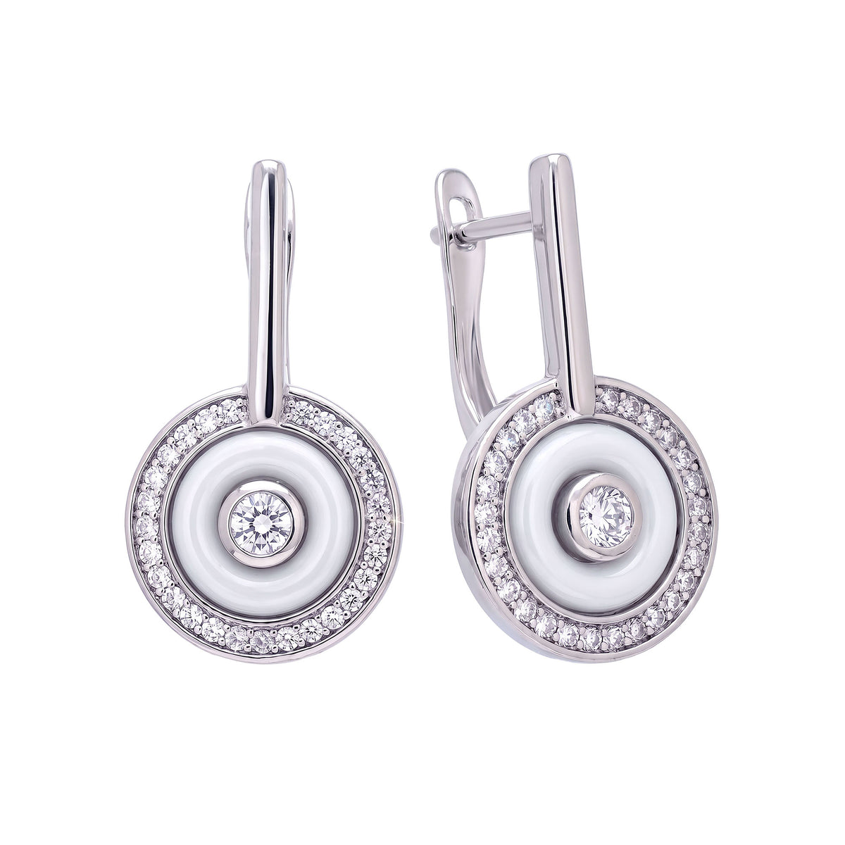 Round earrings with white ceramic and cubic zirconia, silver-tone