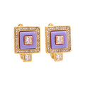 Pair of gold-tone square earrings with purple ceramic and cubic zirconia