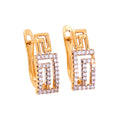 Gold-tone Greek key earrings with zirconia frame, angled pair