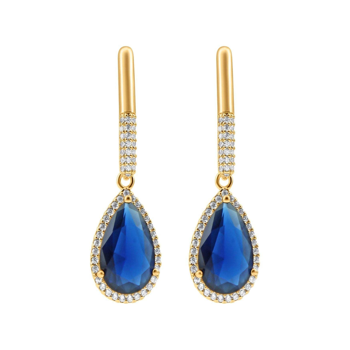 Long gold-plated earrings with a blue teardrop cubic zirconia and a white border