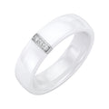 White ceramic ring with a silver-tone strip and three sparkling cubic zirconia