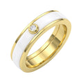 Gold-plated white ceramic band ring with one cubic zirconia on a white background