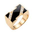 Gold-plated rectangular ring with black enamel and six cubic zirconia