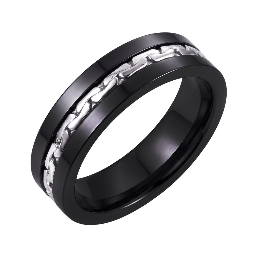 Chain-inlay black ceramic ring