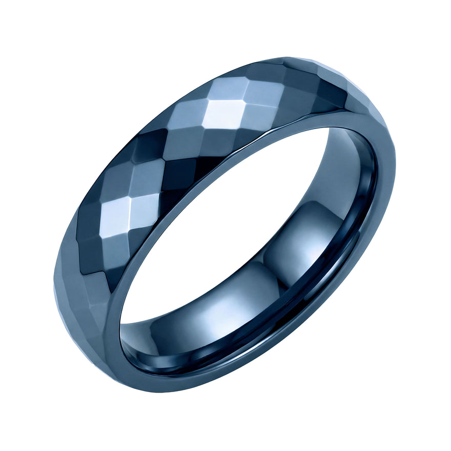 Wide faceted blue ceramic ring