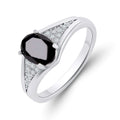Ring with an oval black stone and white cubic zirconia in silver tone