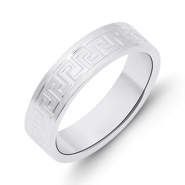 Wide band ring with a Greek key pattern