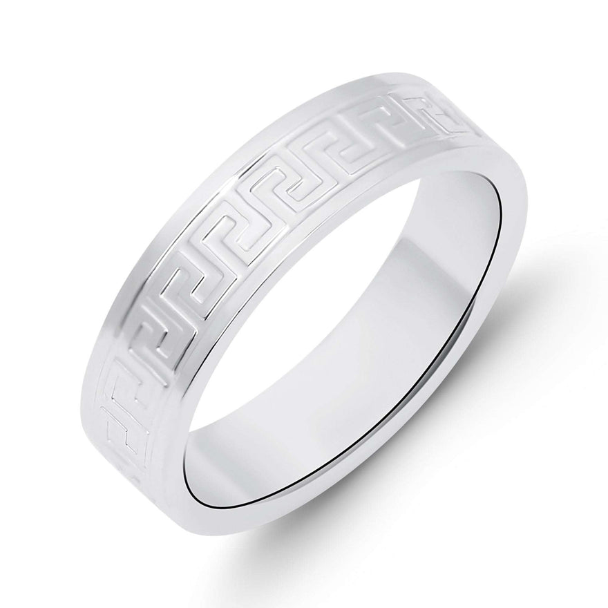 Wide band ring with a Greek key pattern