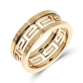 Wide gold-tone ring with an engraved Greek meander pattern and openwork centre