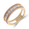 Gold-tone ring, a row of square cubic zirconia between two bands of tiny stones