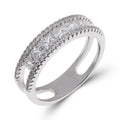 Silver-tone ring with square cubic zirconia and two rows of sparkling stones