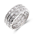 Wide ring with three rows of clear square cubic zirconia, bright silver-tone finish