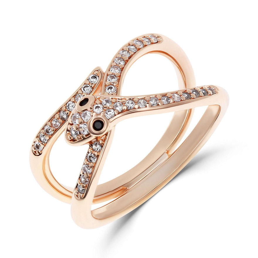 Crossover snake ring with black eyes