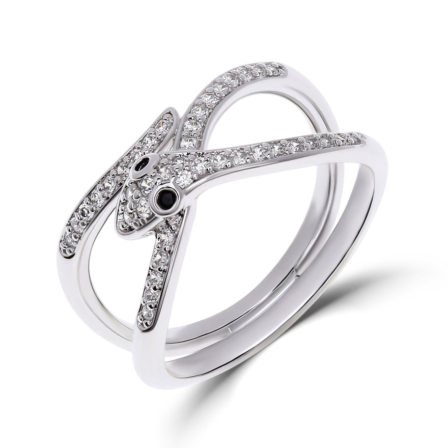 Silver-tone snake ring with black eyes