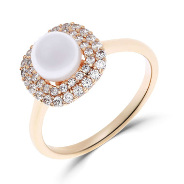 Double-halo white pearl cocktail ring