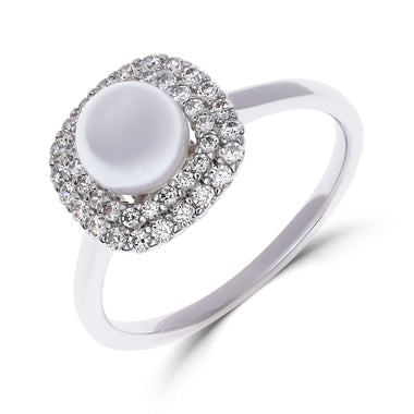 White pearl ring with a double halo