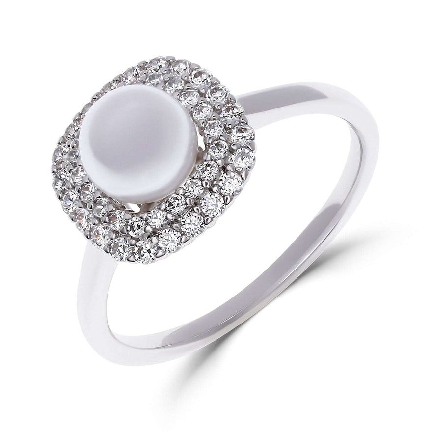 White pearl ring with a double halo