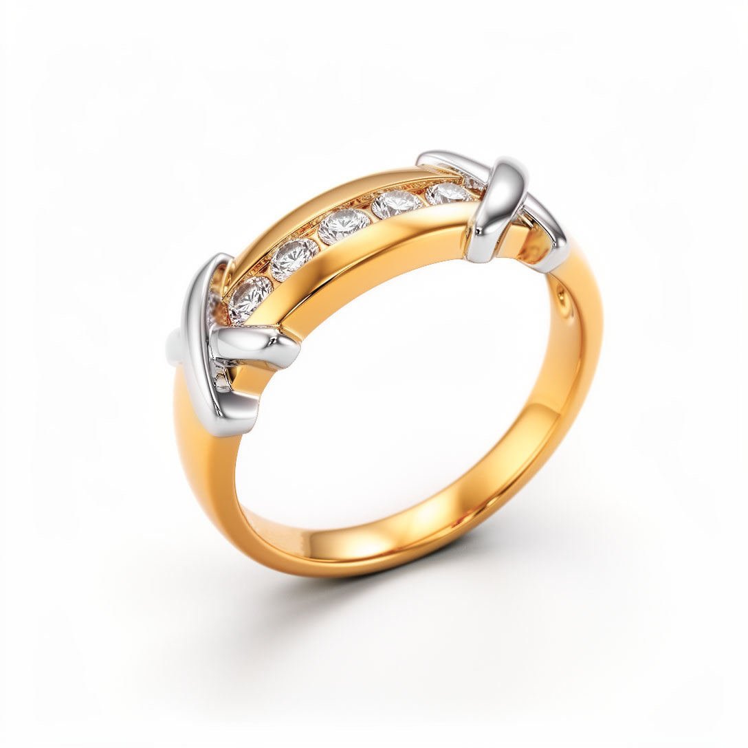 Gold-plated band ring with clear cubic zirconia and silver-tone cross accents