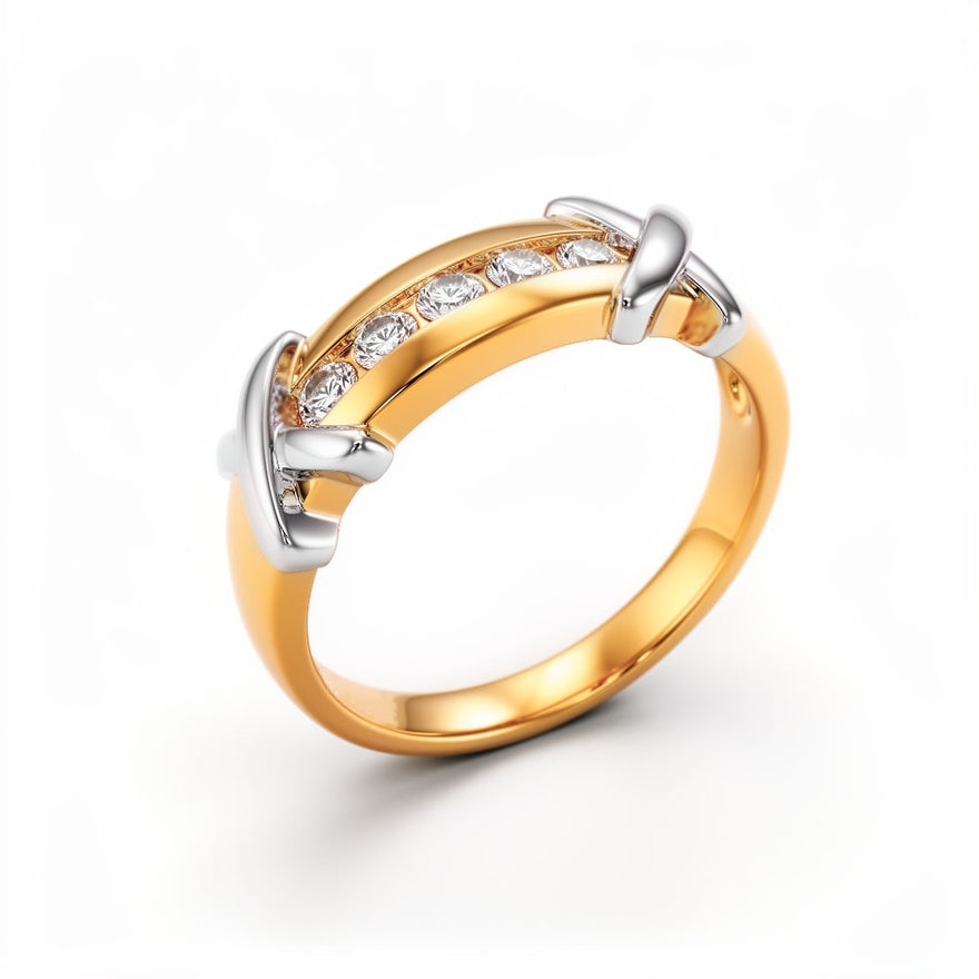 Two-tone band ring with enamel crosses
