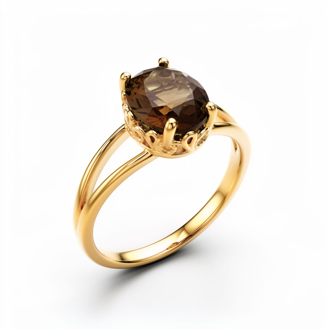 Gold-tone ring with a large coffee-brown cubic zirconia and split shank