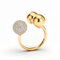 Open gold-plated ring with two smooth beads and a cubic zirconia pavé ball